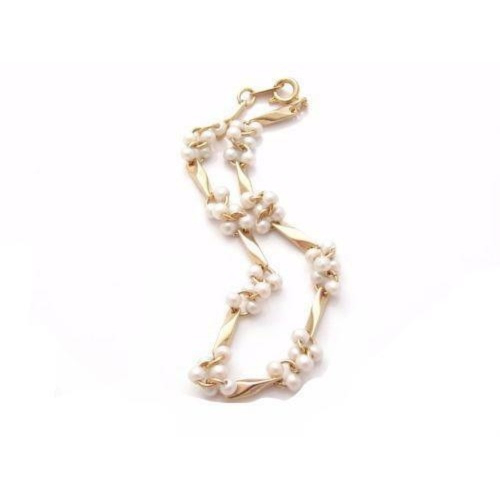 Vintage White Faux Pearl‎ Bead Gold Plated Spacers Links Chain Bracelet*7-3/4"